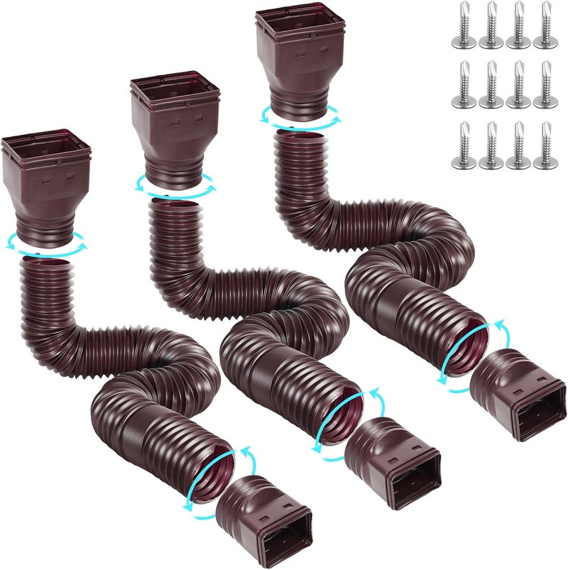 Gutterlix 3 Pack Flexible Gutter Downspout Extensions Extendable from 21" to 67", Downspout Extender Comes with Adapters, Thickened Down spout Drain Extension for Rainwater Drainage(Brown) - Image 1